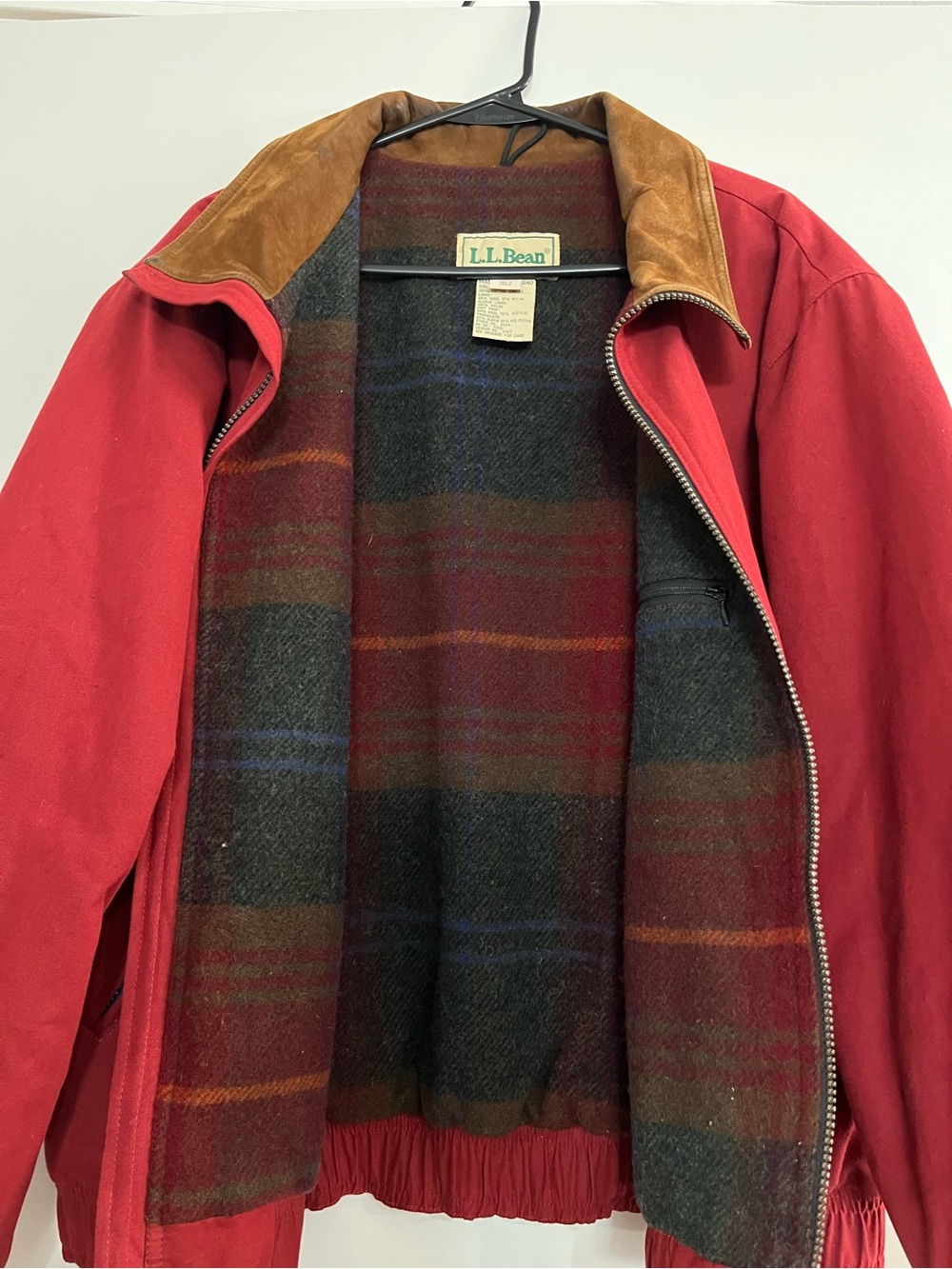 Vintage LL Bean Field Jacket Red Wool Plaid Lined Leather Collar Mens L